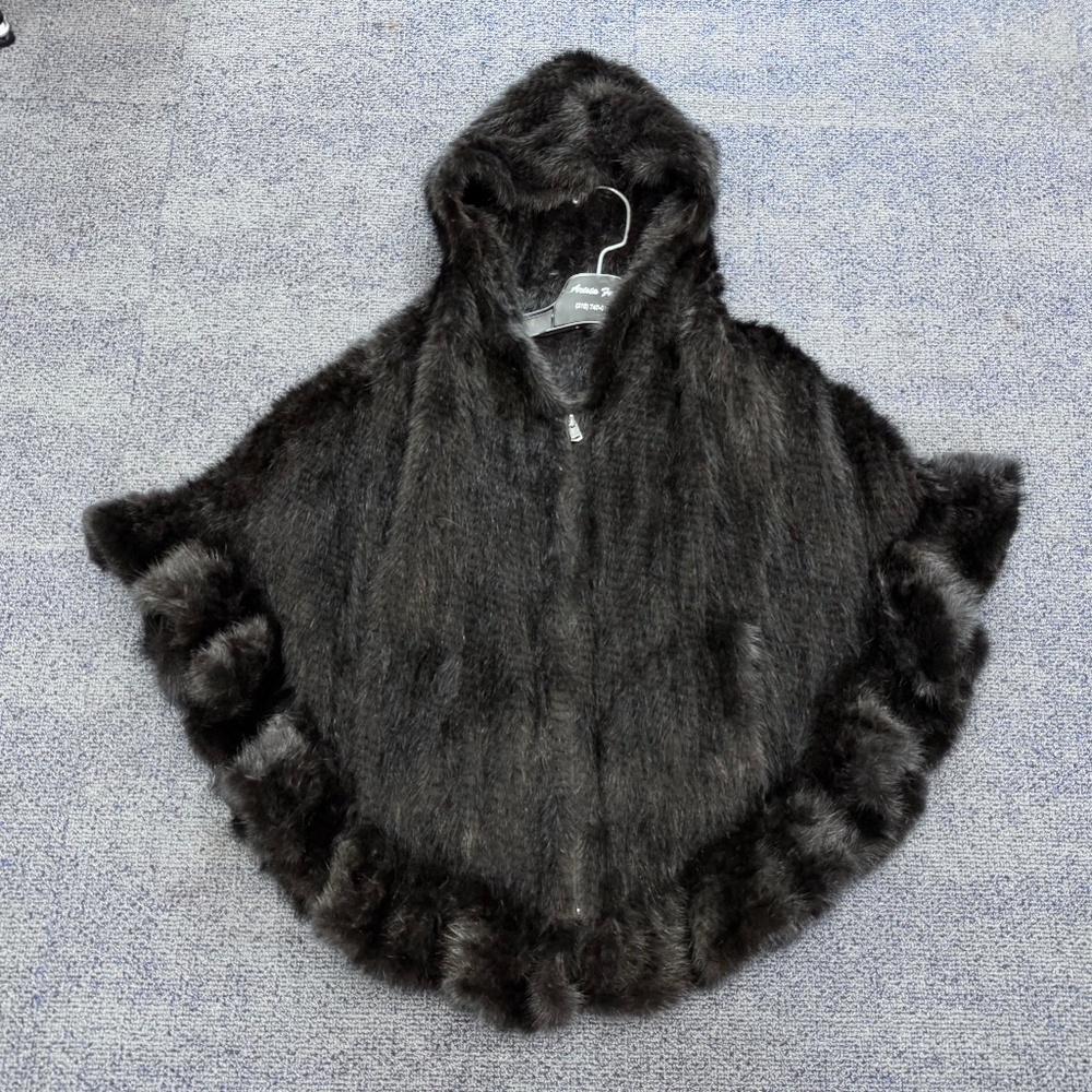 Black Mink Knitted Poncho Cape with Hood NWOT